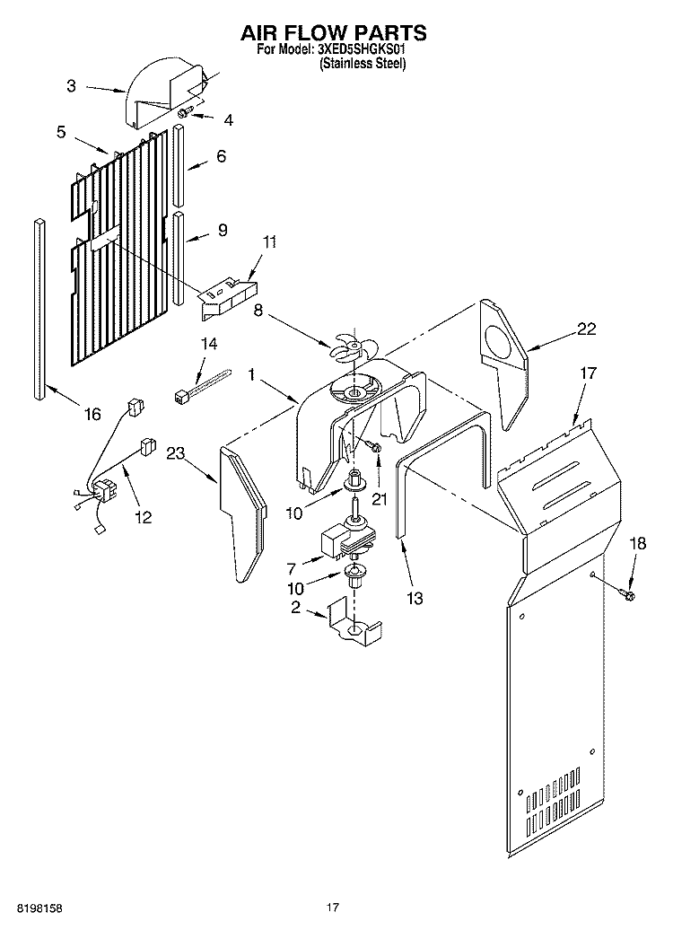 AIR FLOW Diagram and Parts List for 3XED5SHGKS01  Whirlpool Refrigerator
