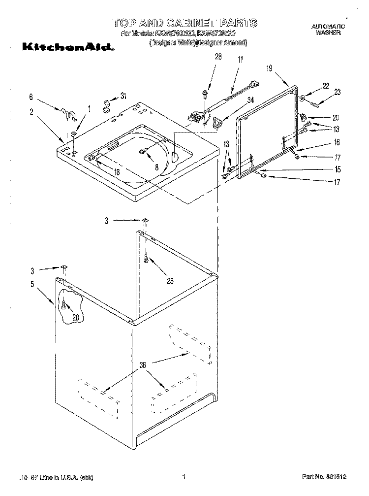 TOP AND CABINET Diagram and Parts List for KAWS700EQ0  KitchenAid Washer