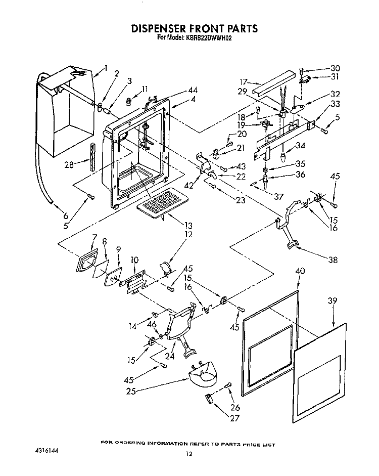 DISPENSER FRONT Diagram and Parts List for KSRS22DWAL02  KitchenAid Refrigerator