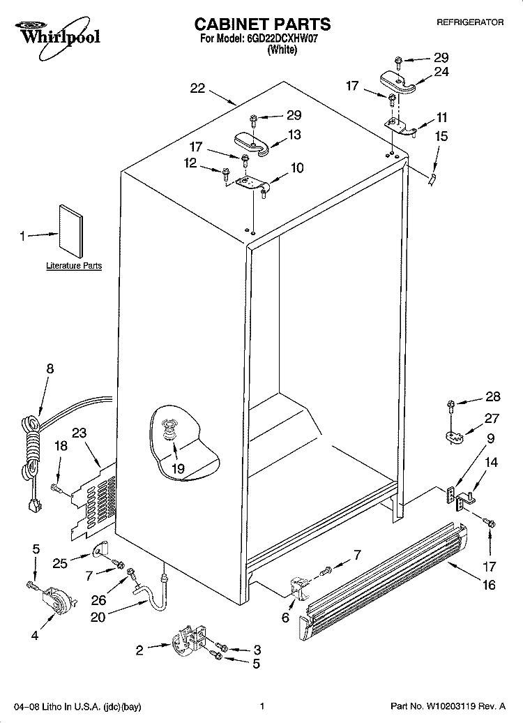 CABINET PARTS Diagram and Parts List for 6GD22DCXHW07  Whirlpool Refrigerator