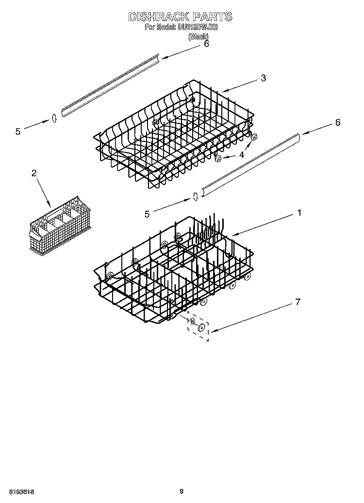 DISHRACK Diagram and Parts List for DU018DWJX0  Whirlpool Dishwasher