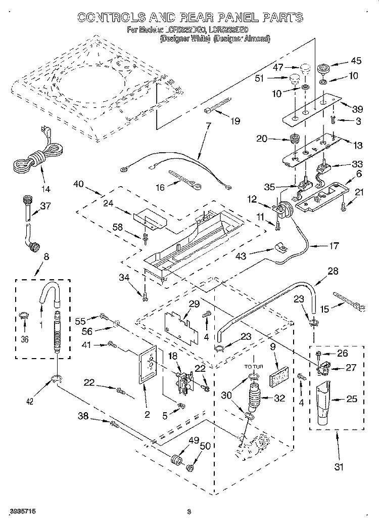 CONTROLS AND REAR PANEL Diagram and Parts List for LCR5232DQ0  Whirlpool Washer