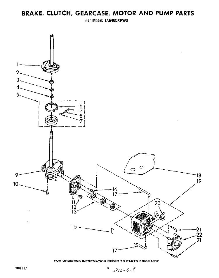 BRAKE, CLUTCH, GEARCASE, MOTOR AND PUMP Diagram and Parts List for LA5400XPW3  Whirlpool Washer