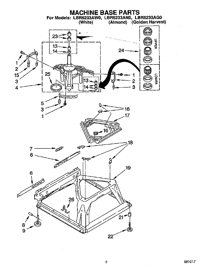 MACHINE BASE Diagram and Parts List for LBR6233AW0  Whirlpool Washer