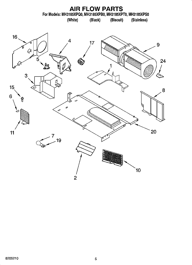 AIR FLOW PARTS Diagram and Parts List for MH3185XPT0  Whirlpool Microwave