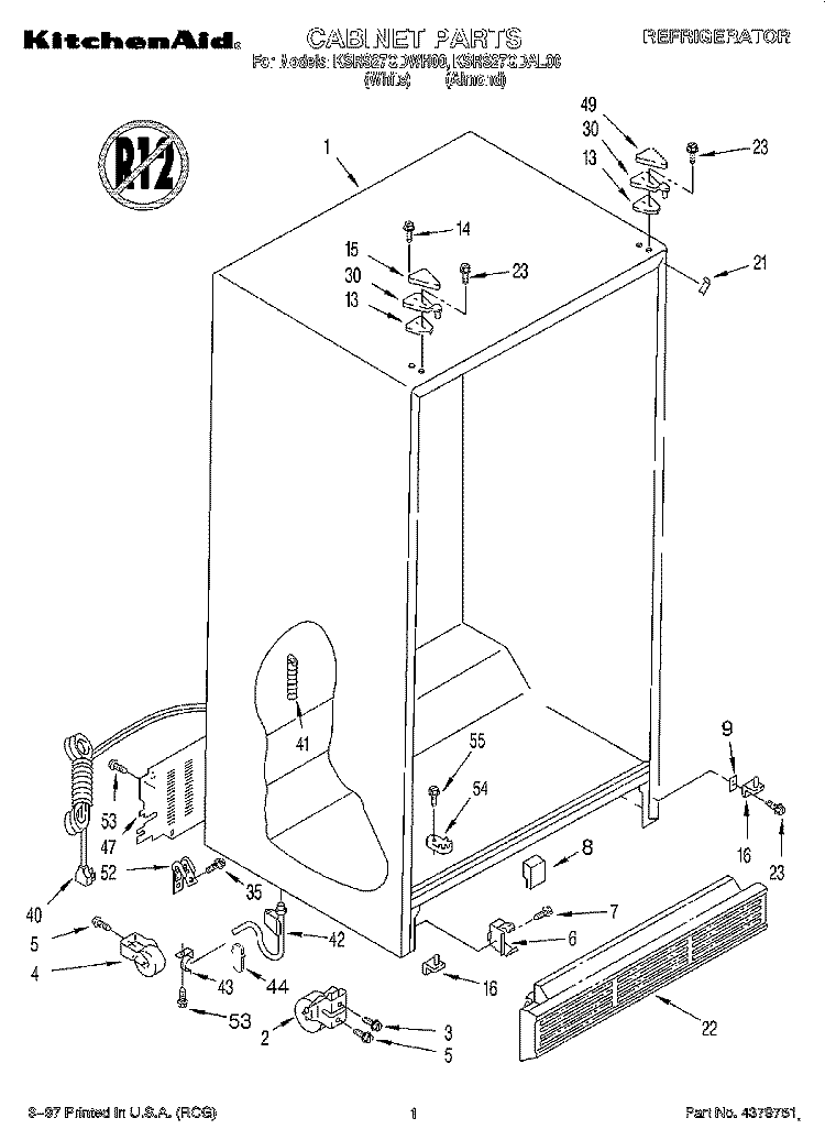CABINET Diagram and Parts List for KSRS27QDAL00  KitchenAid Refrigerator