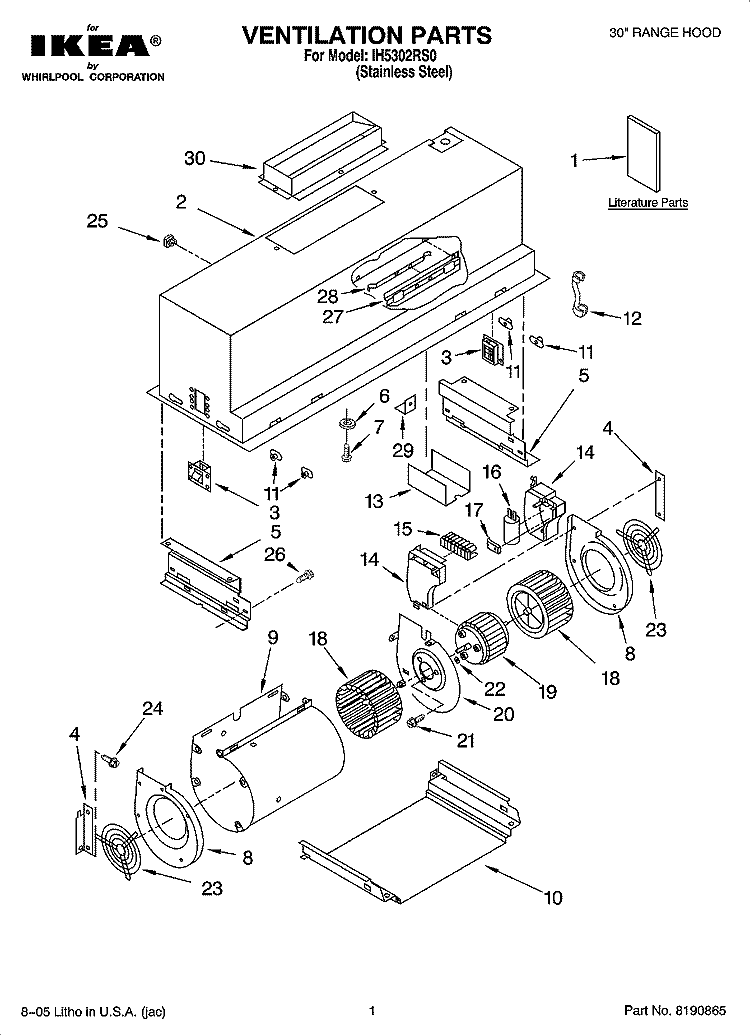 VENTILATION PARTS Diagram and Parts List for IH5302RS0  Whirlpool Range Hood