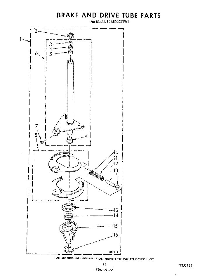 BRAKE AND DRIVE TUBE Diagram and Parts List for 6LA6300XTW1  Whirlpool Washer