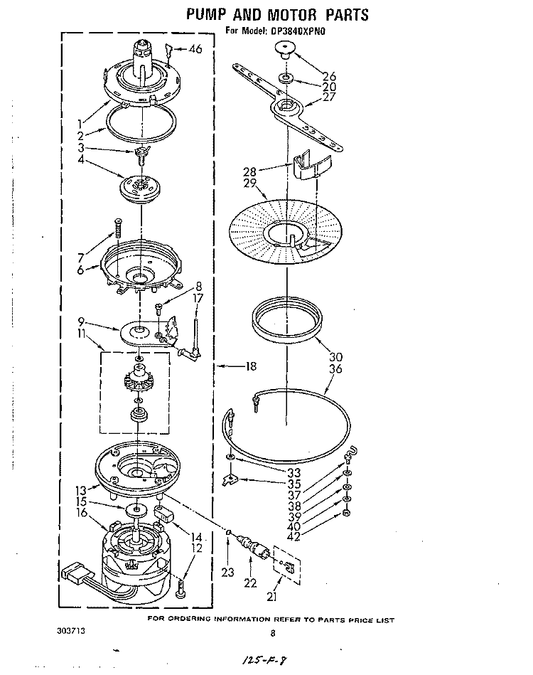 PUMP AND MOTOR Diagram and Parts List for DP3840XPN0  Whirlpool Dishwasher