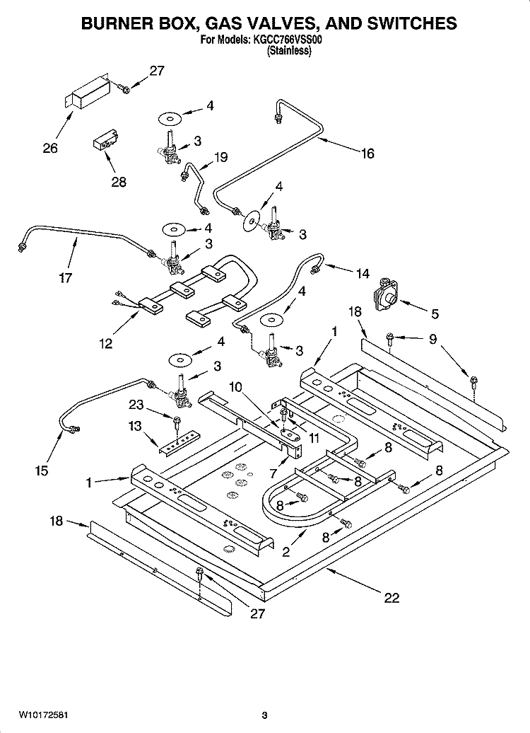 BURNER BOX, GAS VALVES, AND SWITCHES, OPTIONAL PARTS Diagram and Parts List for KGCC766RSS01  KitchenAid Cooktop