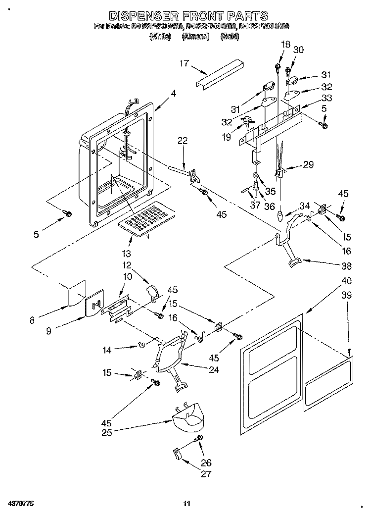 DISPENSER FRONT Diagram and Parts List for 8ED22PWXDN00  Whirlpool Refrigerator
