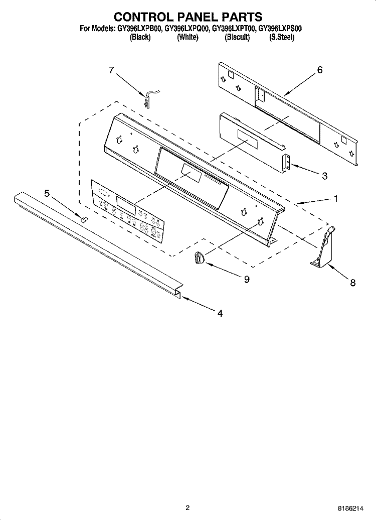 CONTROL PANEL PARTS Diagram and Parts List for GY396LXPS00  Whirlpool Range