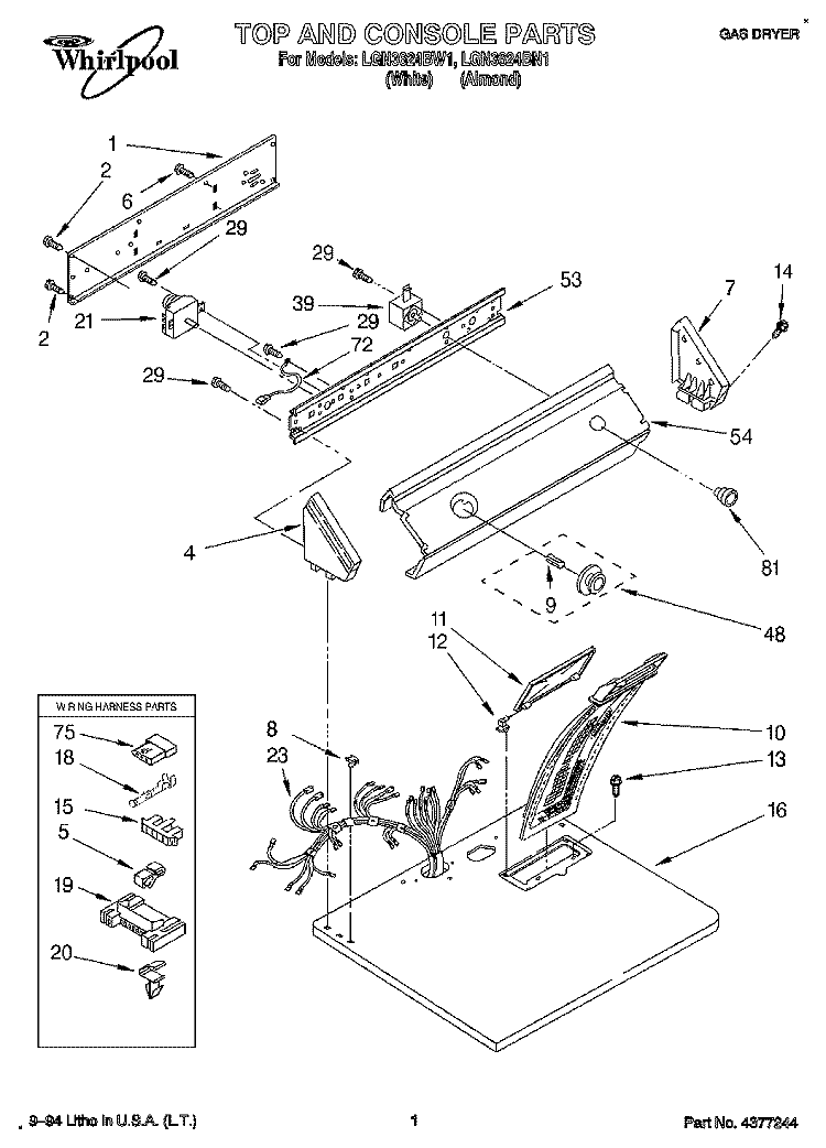 TOP AND CONSOLE, LIT/OPTIONAL Diagram and Parts List for LGN3624BW1  Whirlpool Dryer