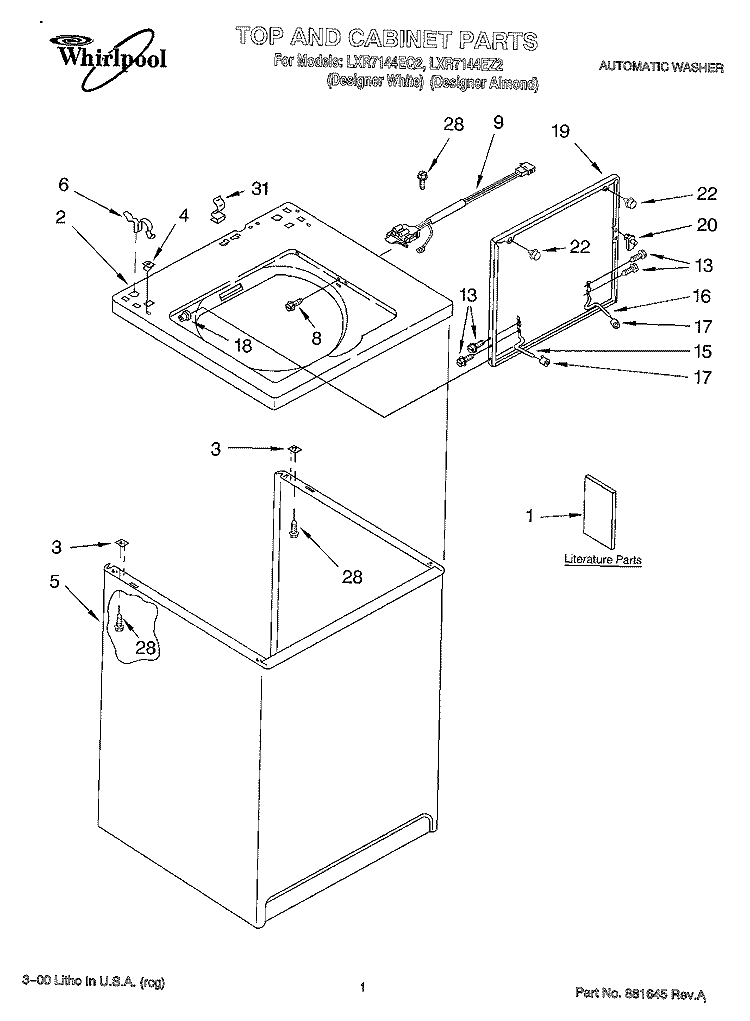 TOP AND CABINET, LITERATURE Diagram and Parts List for LXR7144EQ2  Whirlpool Washer