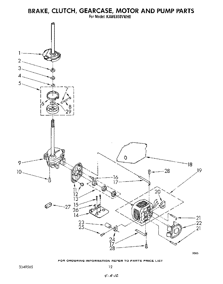 BRAKE, CLUTCH, GEARCASE, MOTOR AND PUMP Diagram and Parts List for KAWE850VAL0  KitchenAid Washer