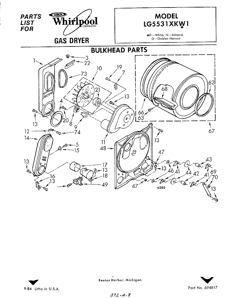 SECTION Diagram and Parts List for LG5531XKW1  Whirlpool Dryer
