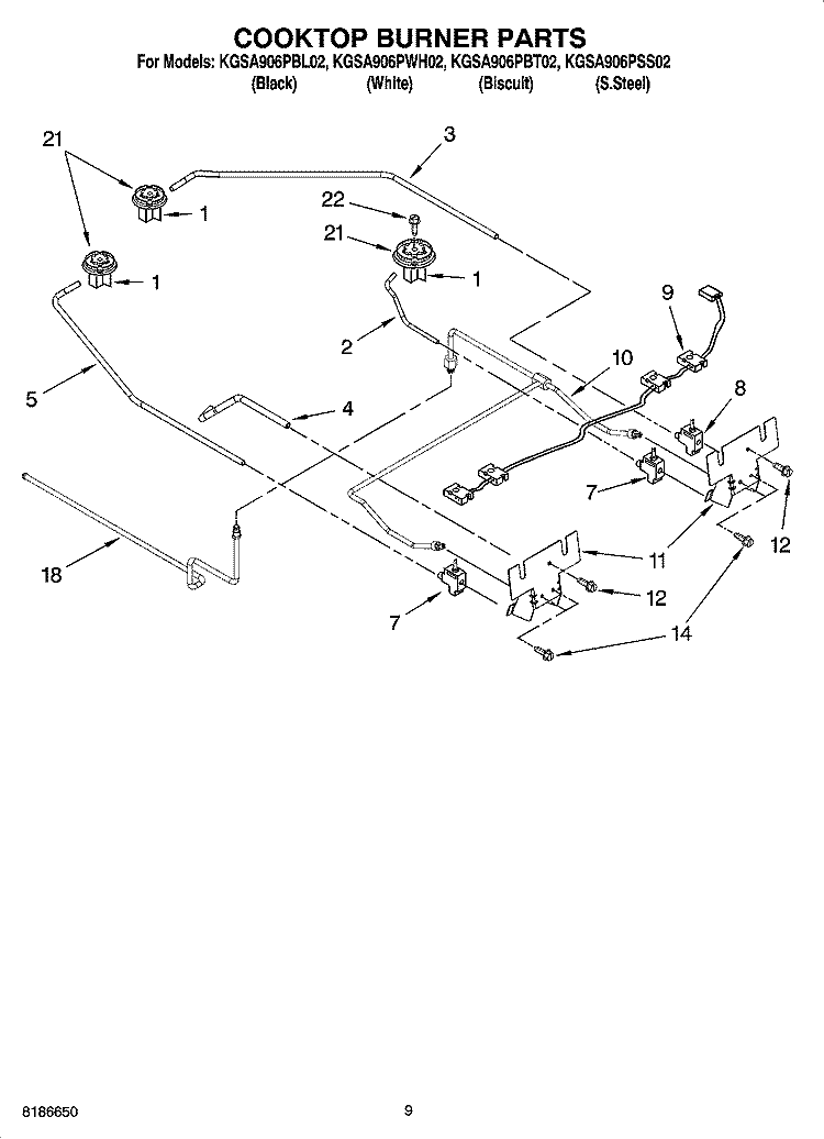 COOKTOP BURNER PARTS Diagram and Parts List for KGSA906PBL02  KitchenAid Range