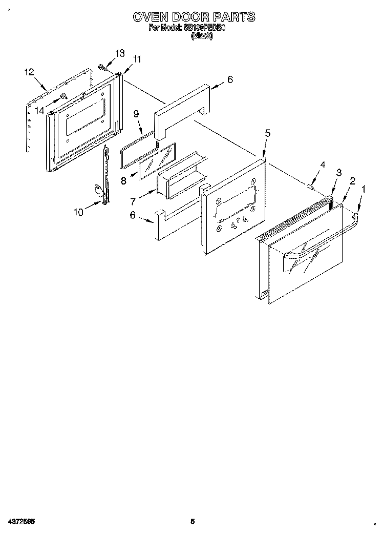 OVEN DOOR Diagram and Parts List for SB130PEDB0  Whirlpool Wall Oven