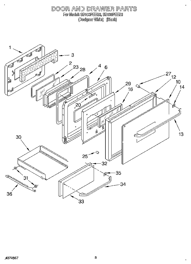 DOOR AND DRAWER, LITERATURE Diagram and Parts List for SB160PEEQ2  Whirlpool Wall Oven