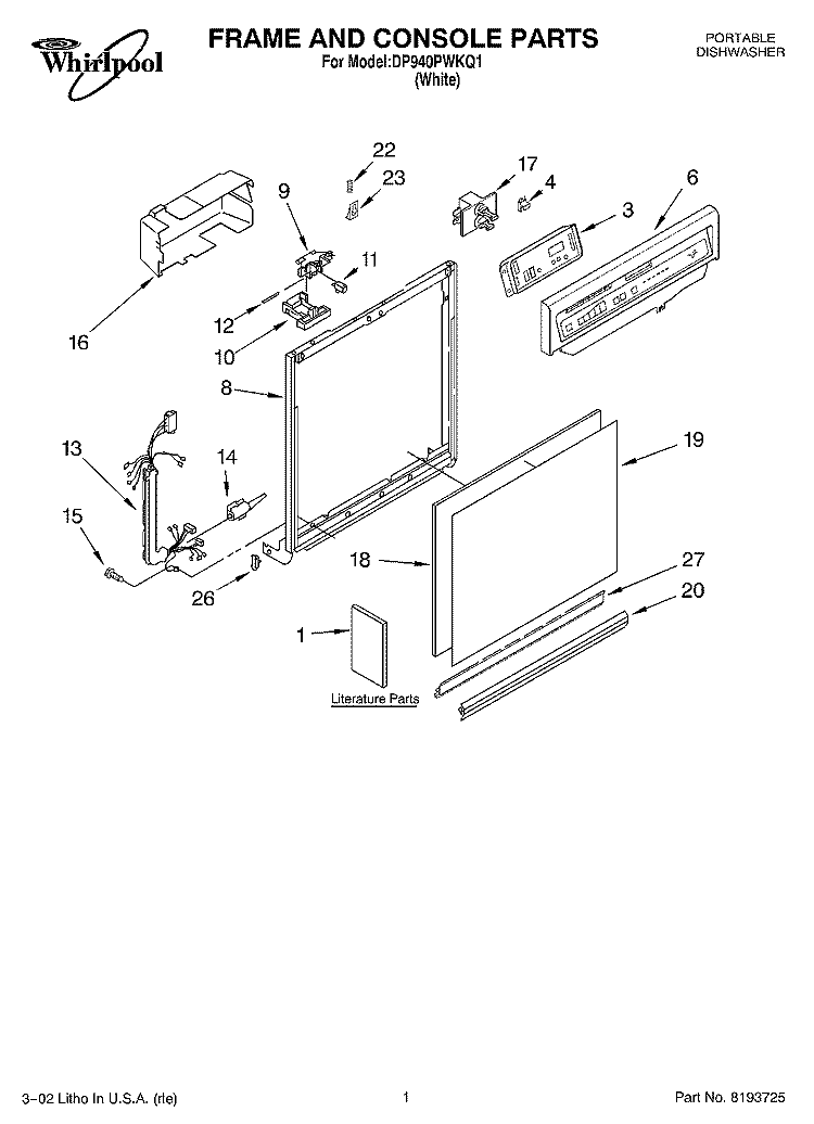 FRAME AND CONSOLE, LITERATURE Diagram and Parts List for DP940PWKQ1  Whirlpool Dishwasher