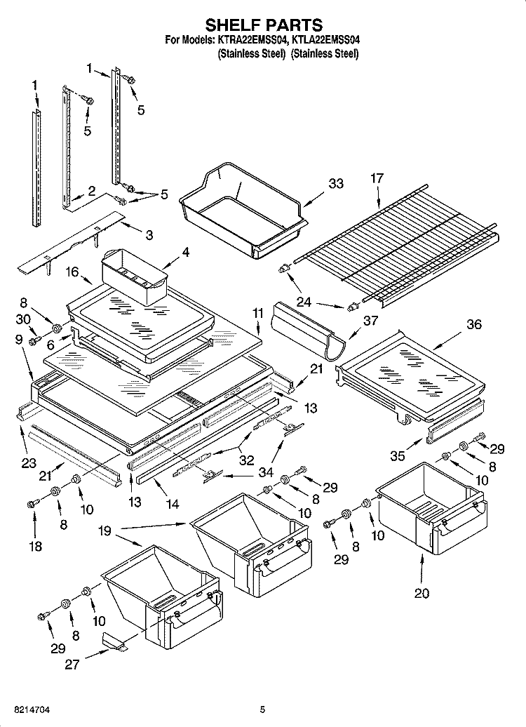 SHELF PARTS Diagram and Parts List for KTRA22EMSS04  KitchenAid Refrigerator