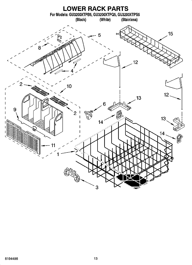 LOWER RACK PARTS, OPTIONAL PARTS (NOT INCLUDED) Diagram and Parts List for GU3200XTPQ5  Whirlpool Dishwasher