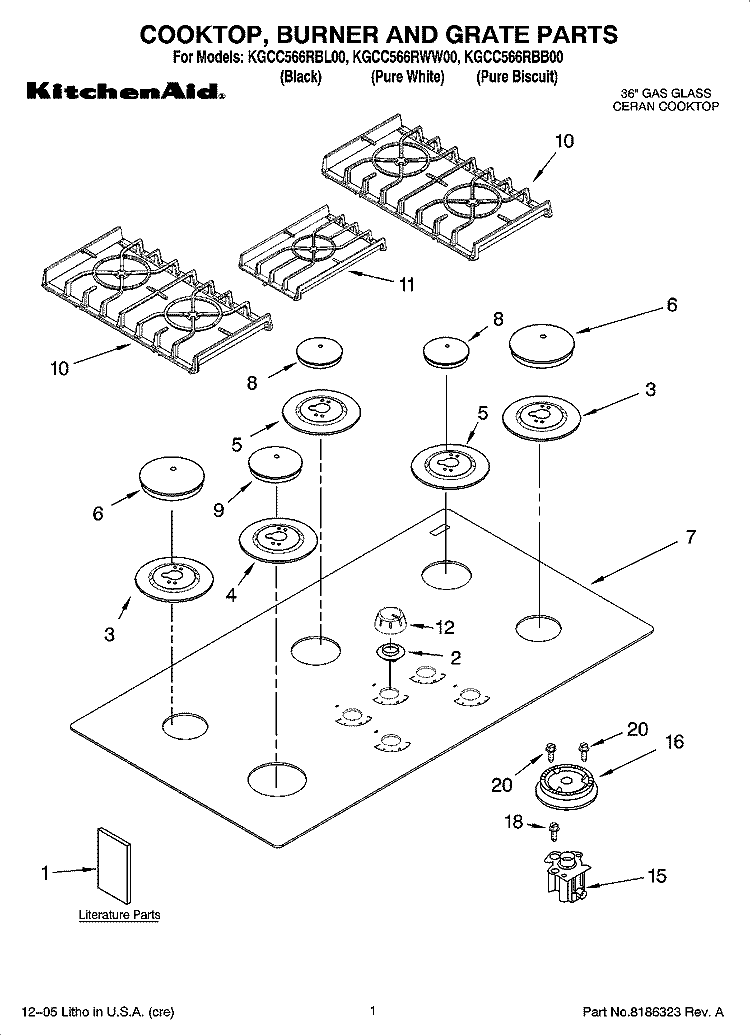 COOKTOP, BURNER AND GRATE PARTS Diagram and Parts List for KGCC566RWW00  KitchenAid Cooktop
