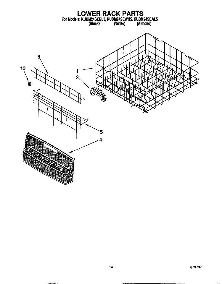 LOWER RACK Diagram and Parts List for KUDM24SEAL5  KitchenAid Dishwasher