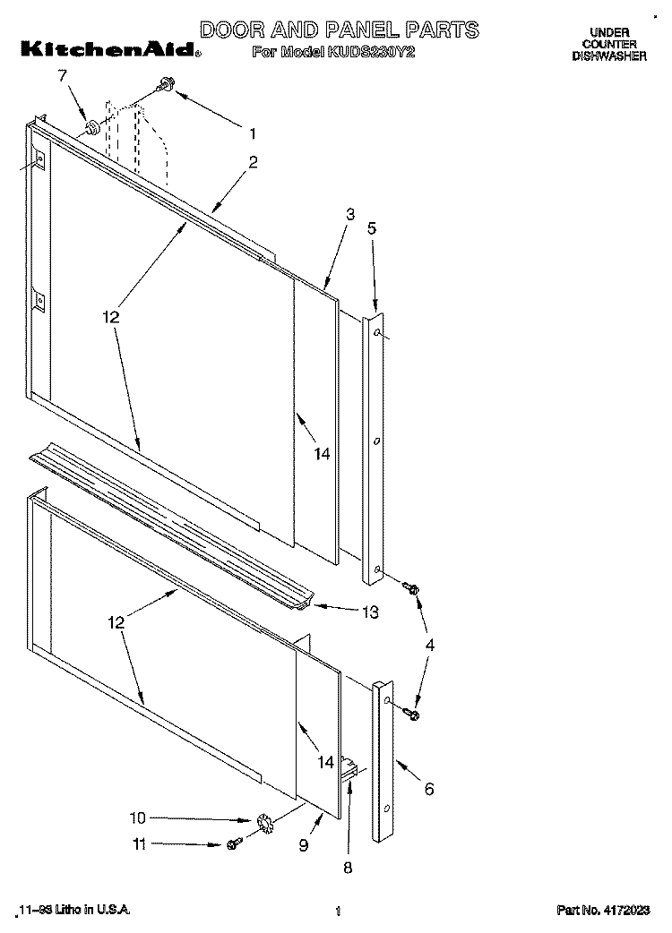 DOOR AND PANEL Diagram and Parts List for KUDS230Y2  KitchenAid Dishwasher