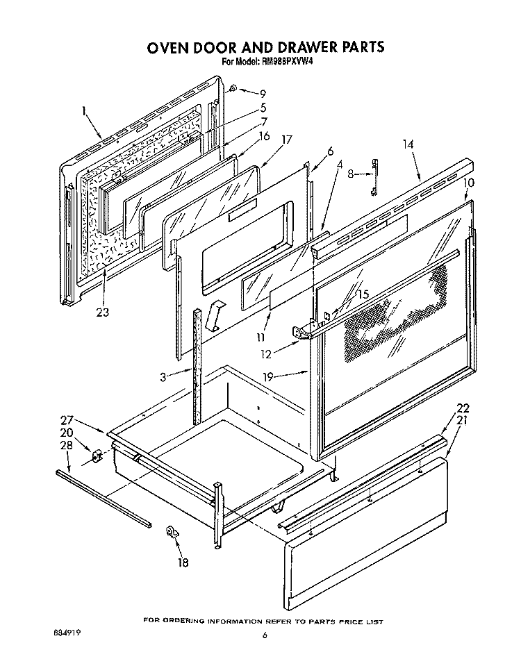 OVEN DOOR AND DRAWER Diagram and Parts List for RM988PXVM4  Whirlpool Microwave Oven Combo