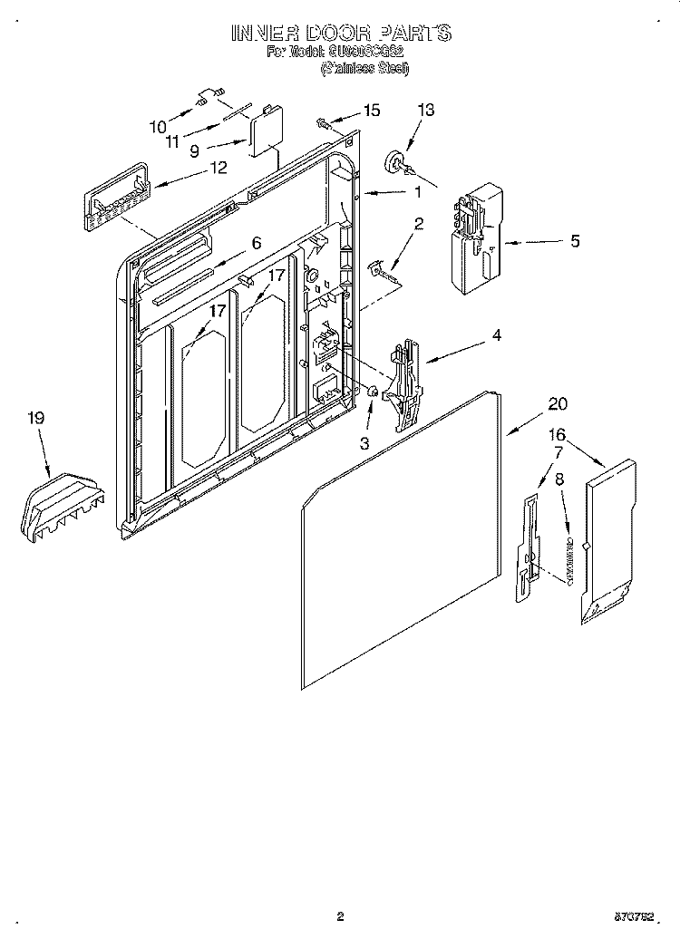 INNER DOOR Diagram and Parts List for GU980SCGS2  Whirlpool Dishwasher