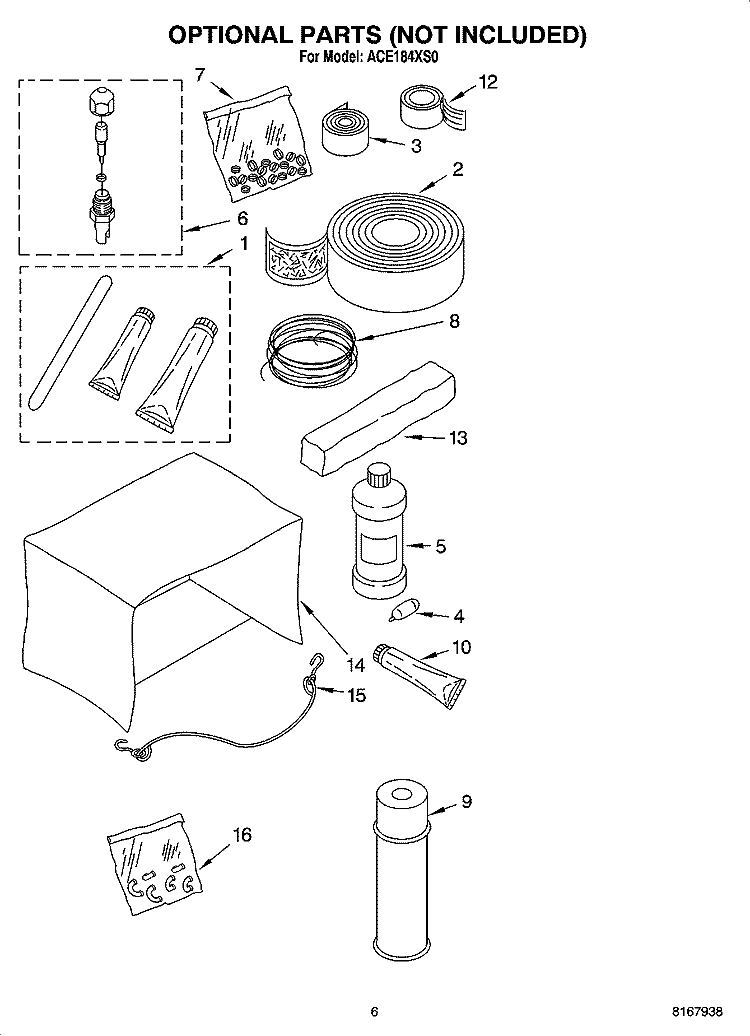 OPTIONAL  PARTS (NOT INCLUDED) Diagram and Parts List for ACE184XS0  Whirlpool Air Conditioner