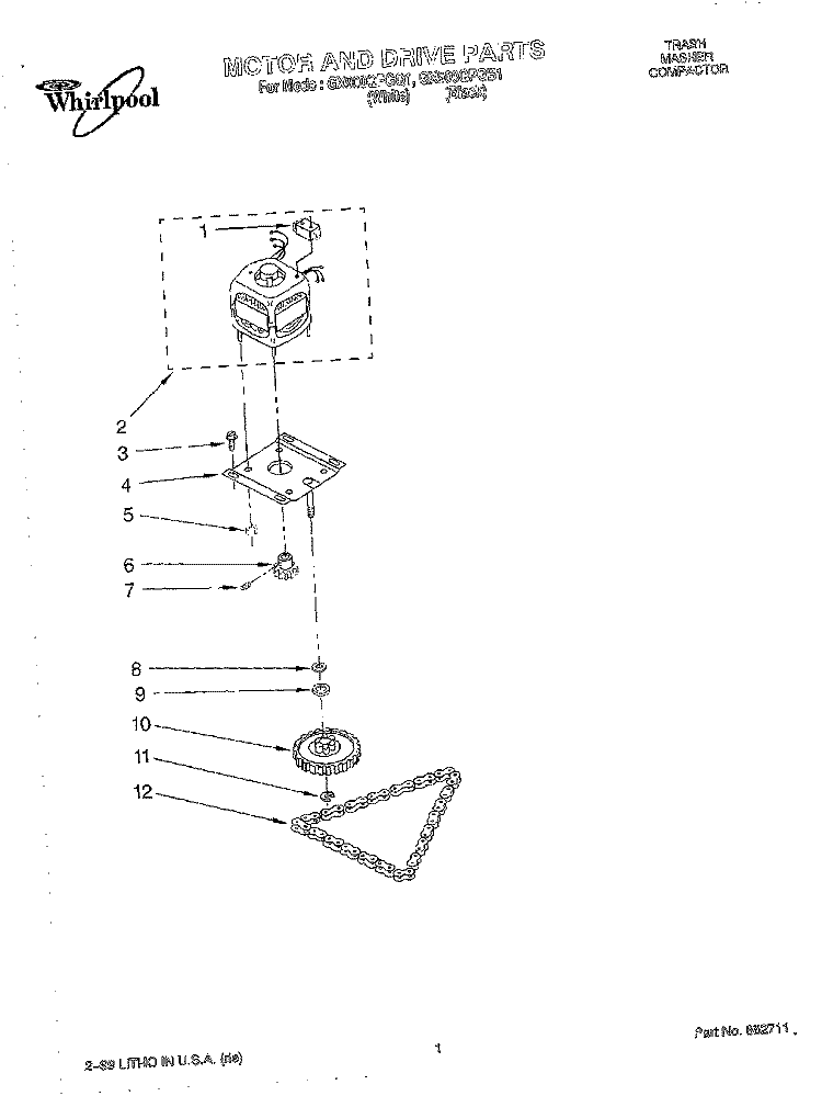 MOTOR AND DRIVE, LITERATURE Diagram and Parts List for GX900QPGQ1  Whirlpool Trash Compactor