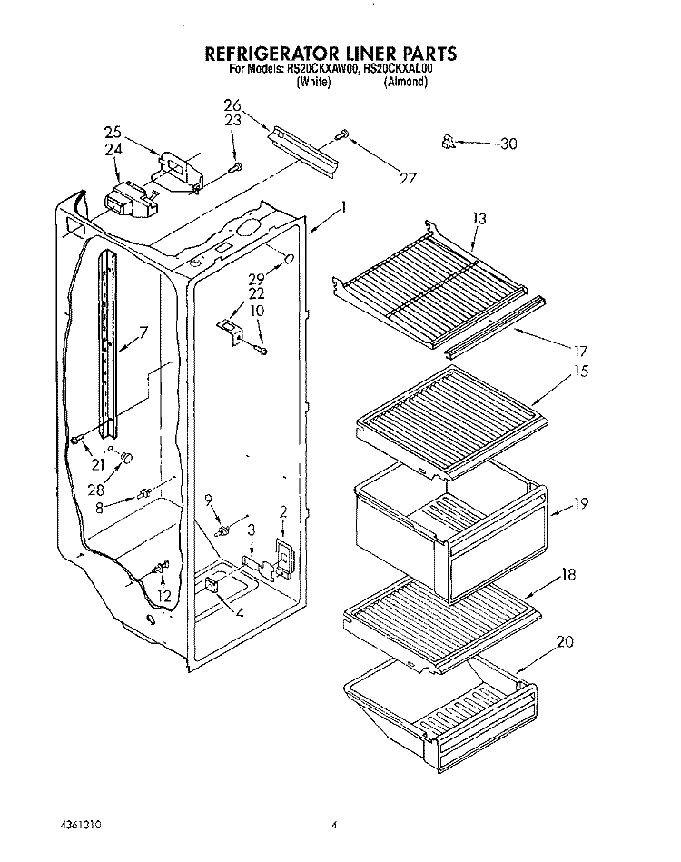 REFRIGERATOR LINER Diagram and Parts List for RS20CKXAW00  Roper Refrigerator