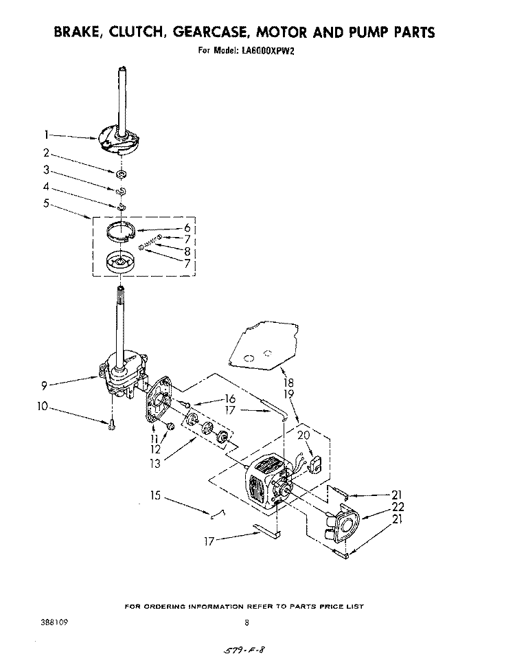 BRAKE, CLUTCH, GEARCASE, MOTOR AND PUMP Diagram and Parts List for LA6000XPW2  Whirlpool Washer