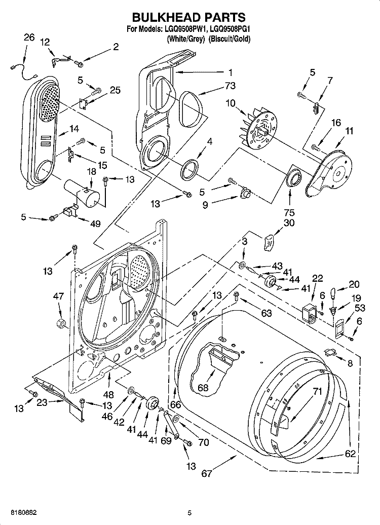 BULKHEAD PARTS Diagram and Parts List for LGQ9508PG1  Whirlpool Dryer