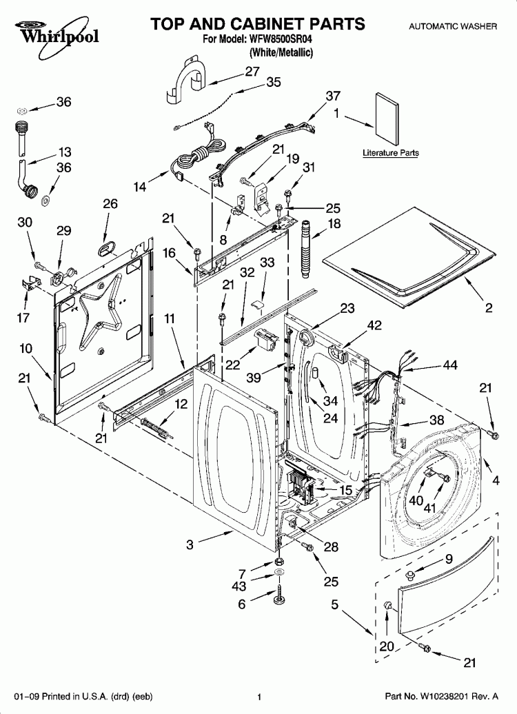 TOP AND CABINET PARTS Diagram and Parts List for WFW8500SR04  Whirlpool Washer