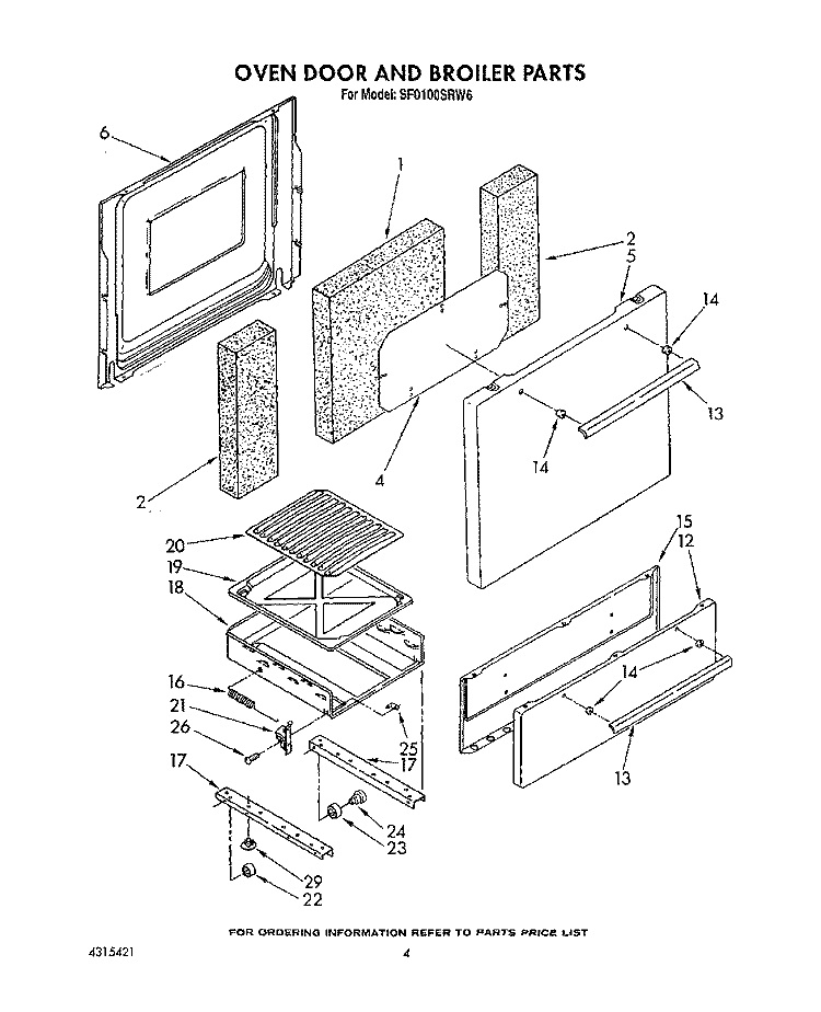 OVEN DOOR AND BROILER Diagram and Parts List for SF0100SRW6  Whirlpool Range