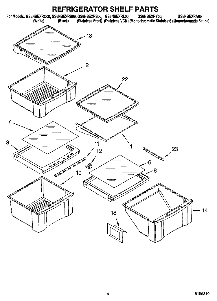 REFRIGERATOR SHELF PARTS Diagram and Parts List for GS6NBEXRY00  Whirlpool Refrigerator