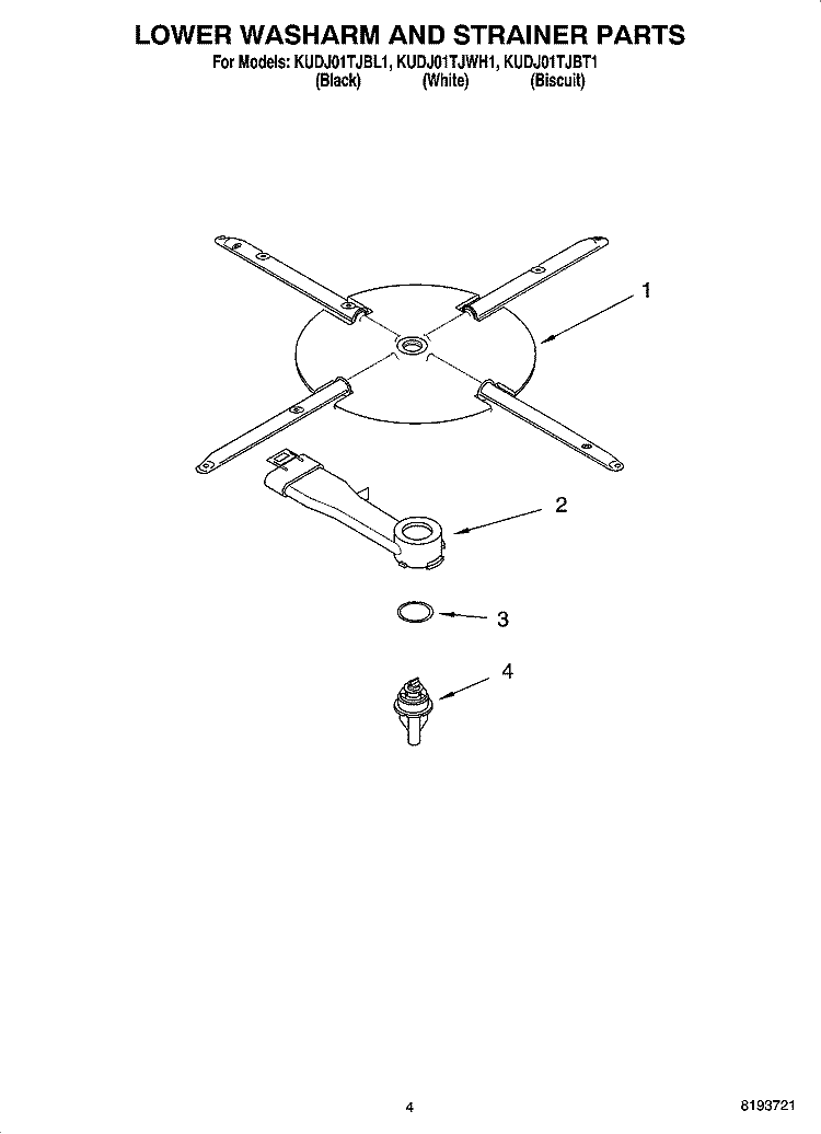 LOWER WASHARM AND STRAINER PARTS Diagram and Parts List for KUDJ01TJBT1  KitchenAid Dishwasher