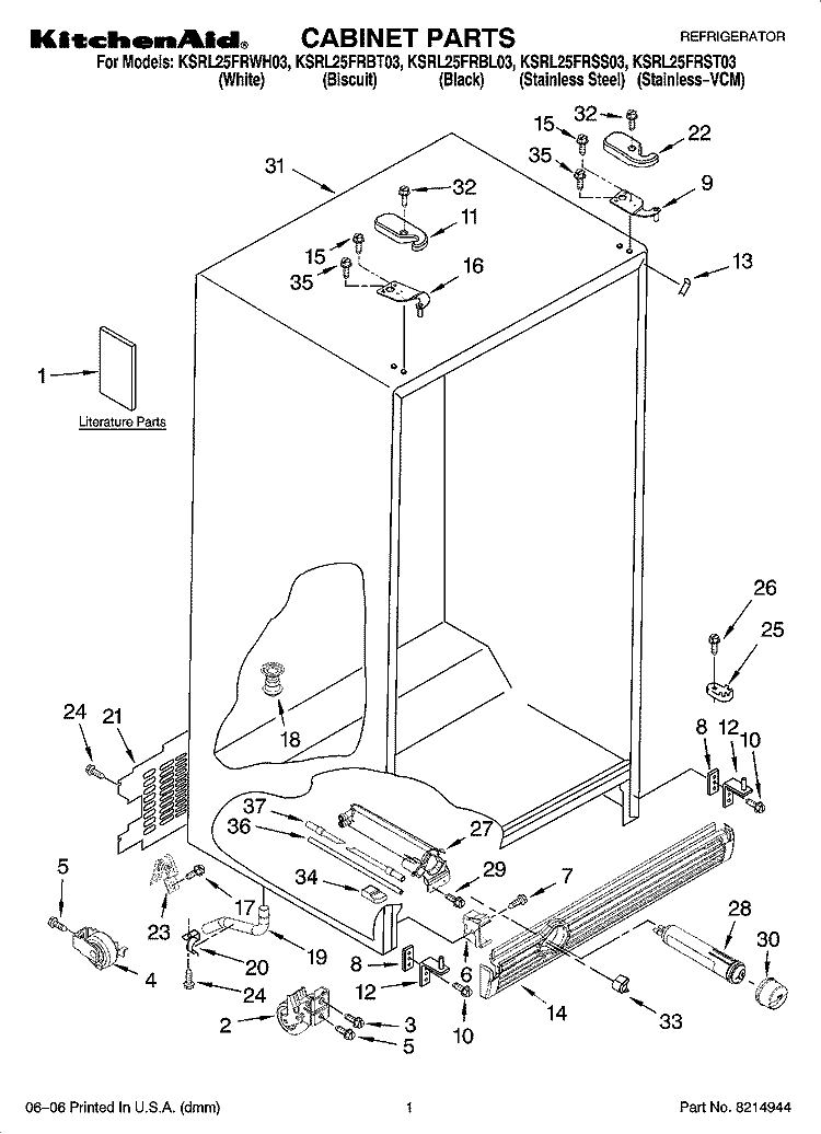 CABINET PARTS Diagram and Parts List for KSRL25FRWH03  KitchenAid Refrigerator