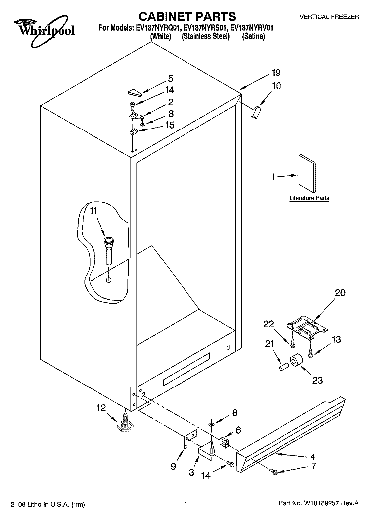 CABINET PARTS Diagram and Parts List for EV187NYRQ01  Whirlpool Freezer