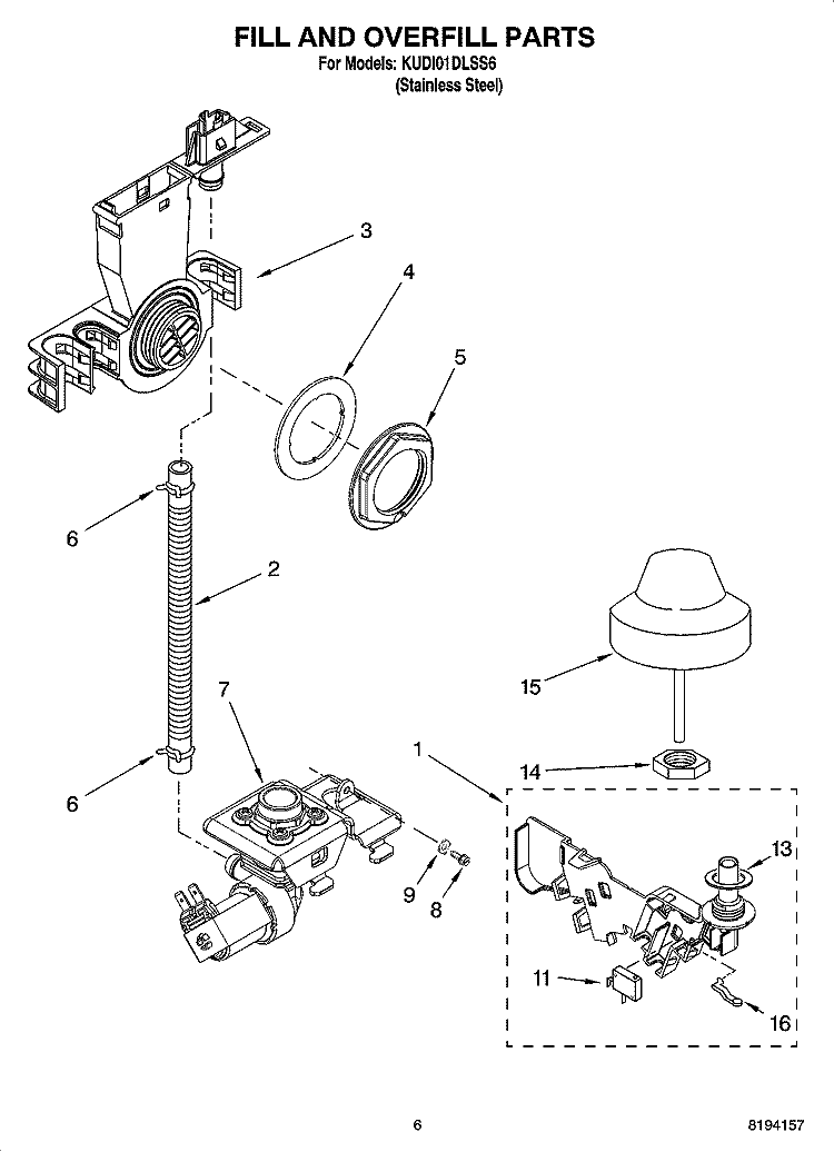 FILL AND OVERFILL PARTS Diagram and Parts List for KUDI01DLSS6  KitchenAid Dishwasher