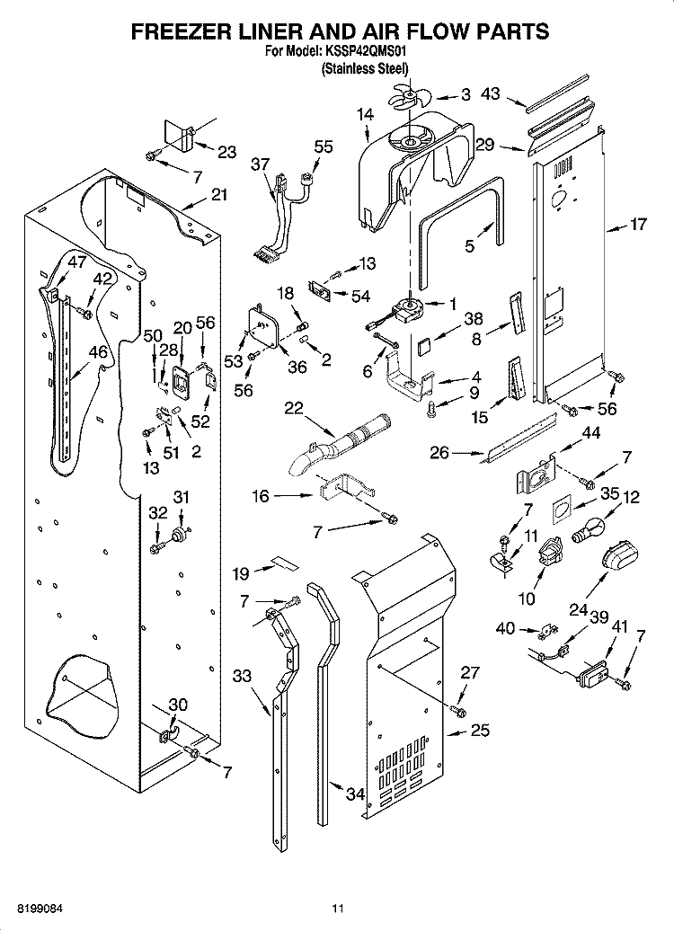 FREEZER LINER AND AIR FLOW PARTS Diagram and Parts List for KSSP42QMS01  KitchenAid Refrigerator