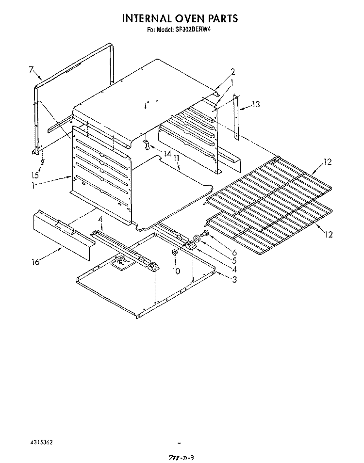 INTERNAL OVEN Diagram and Parts List for SF302BERW4  Whirlpool Range