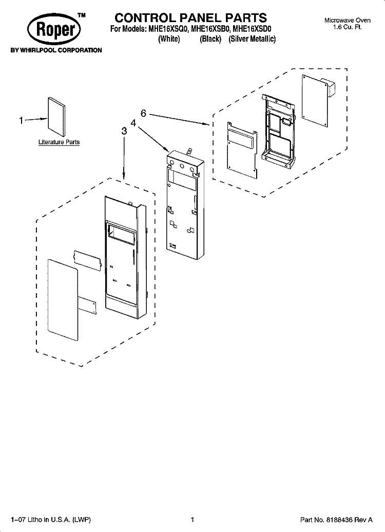 CONTROL PANEL PARTS Diagram and Parts List for MHE16XSQ0  Roper Microwave