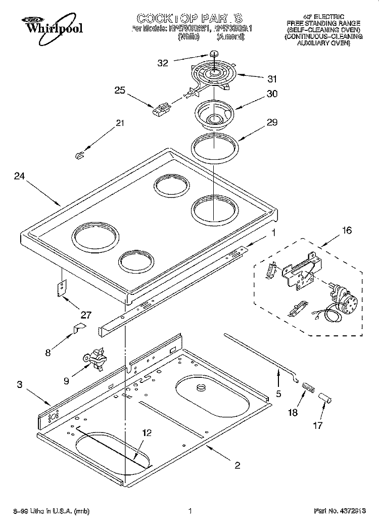 COOKTOP Diagram and Parts List for RF4700XEW1  Whirlpool Range