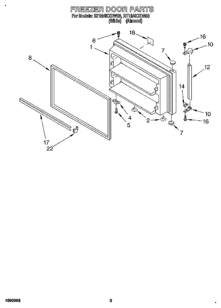 FREEZER DOOR Diagram and Parts List for RT18AKXDW03  Roper Refrigerator