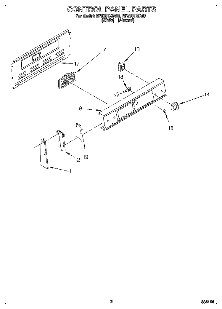 CONTROL PANEL Diagram and Parts List for RF3661XDW0  Whirlpool Range