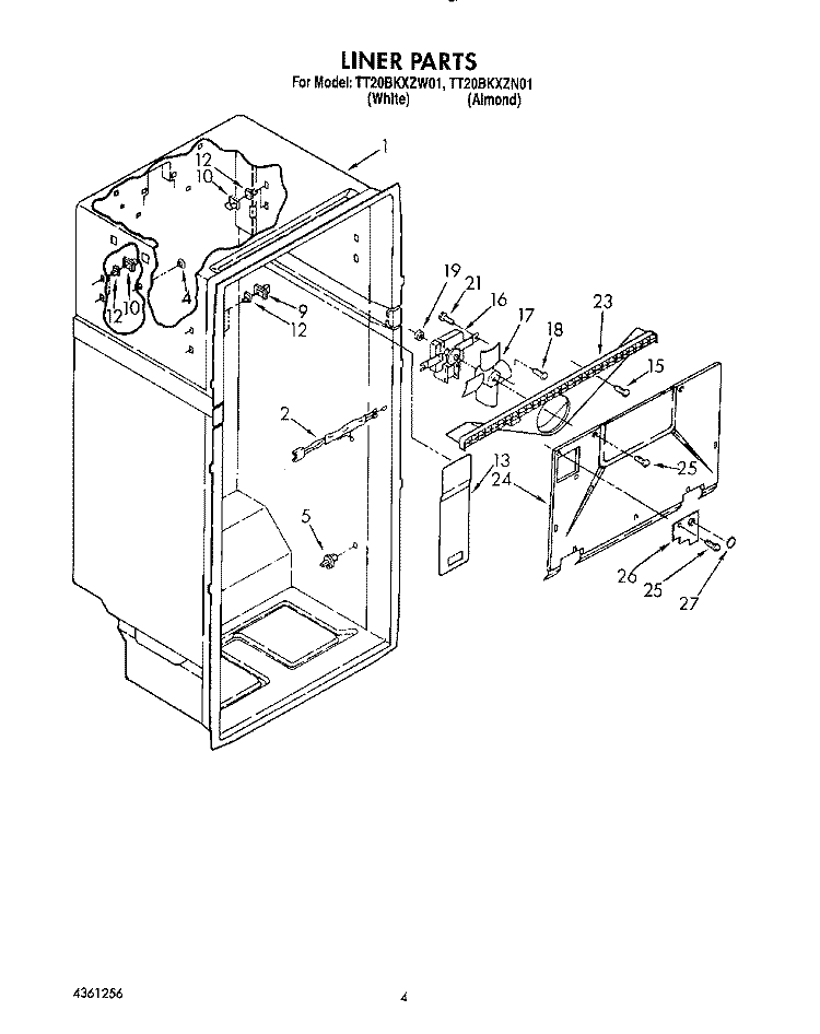 LINER Diagram and Parts List for TT20BKXZN01  Whirlpool Refrigerator